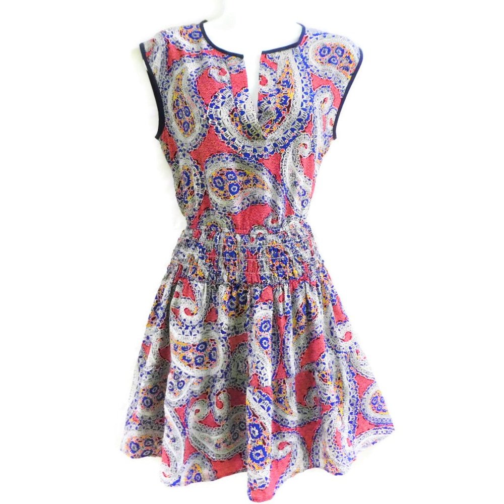 SiLK J Crew Dress Smocked Waist Lined Pink Blue Paisley Split Neck Piping Trim 2